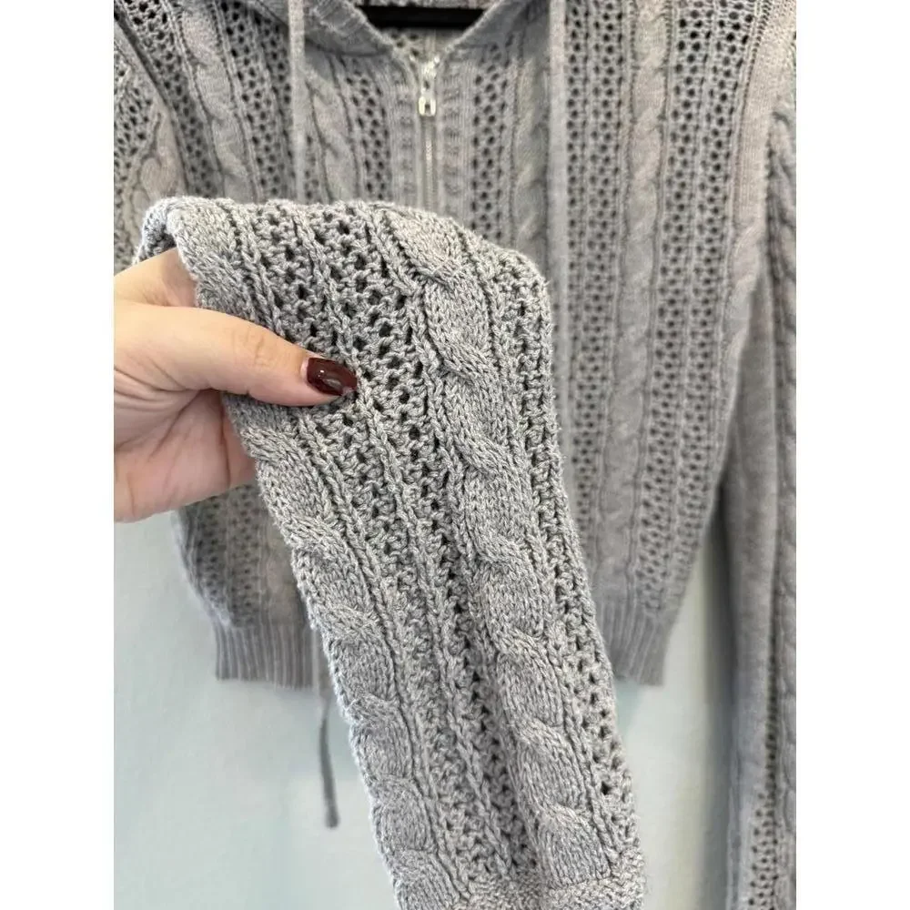 Cider Knit Hooded Zipper Hollow Out Cardigan in Gray, Women's Medium